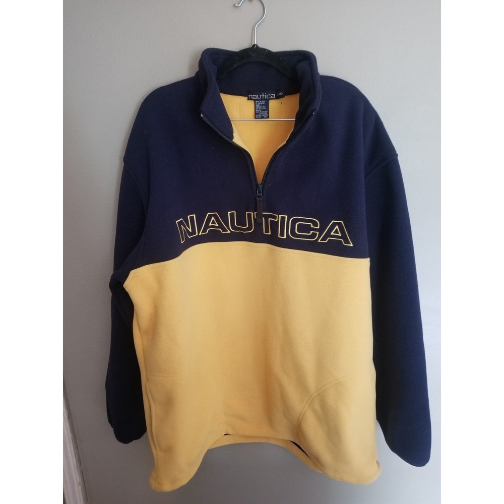 Vintage 90s Nautica big logo 1/4 zip fleece blue yellow oversized L